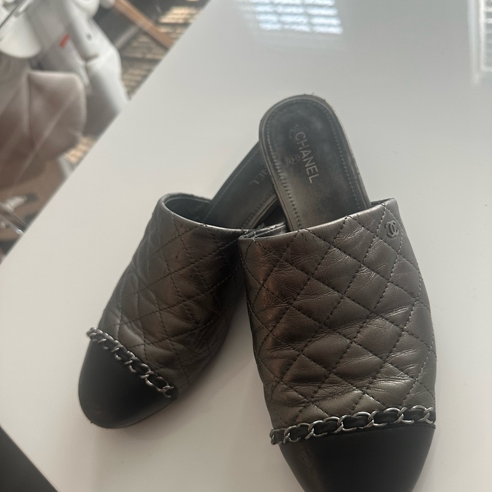 Chanel Quilted Leather Mules - Black and Silver